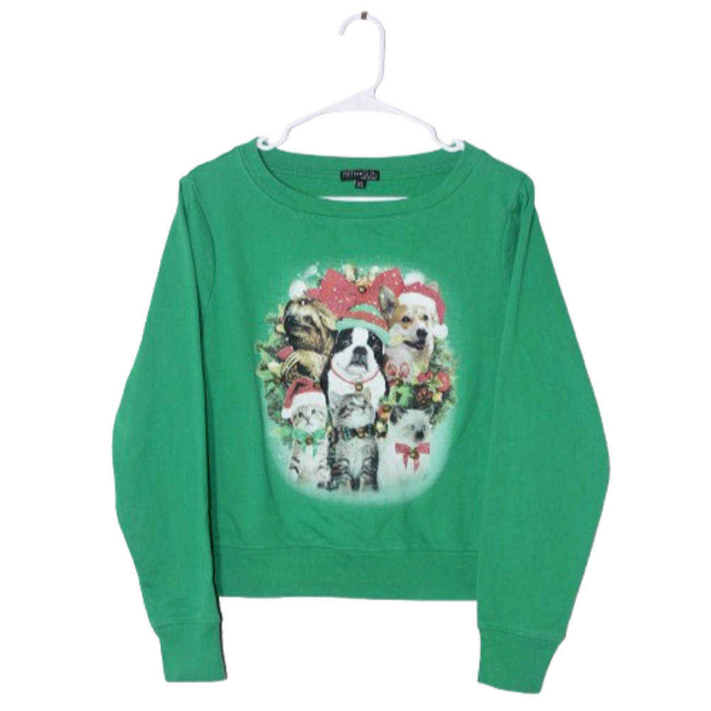 Fifth Sun Christmas Pet Print W/ Sloth Green Sweater XL Holiday Pullover Unisex